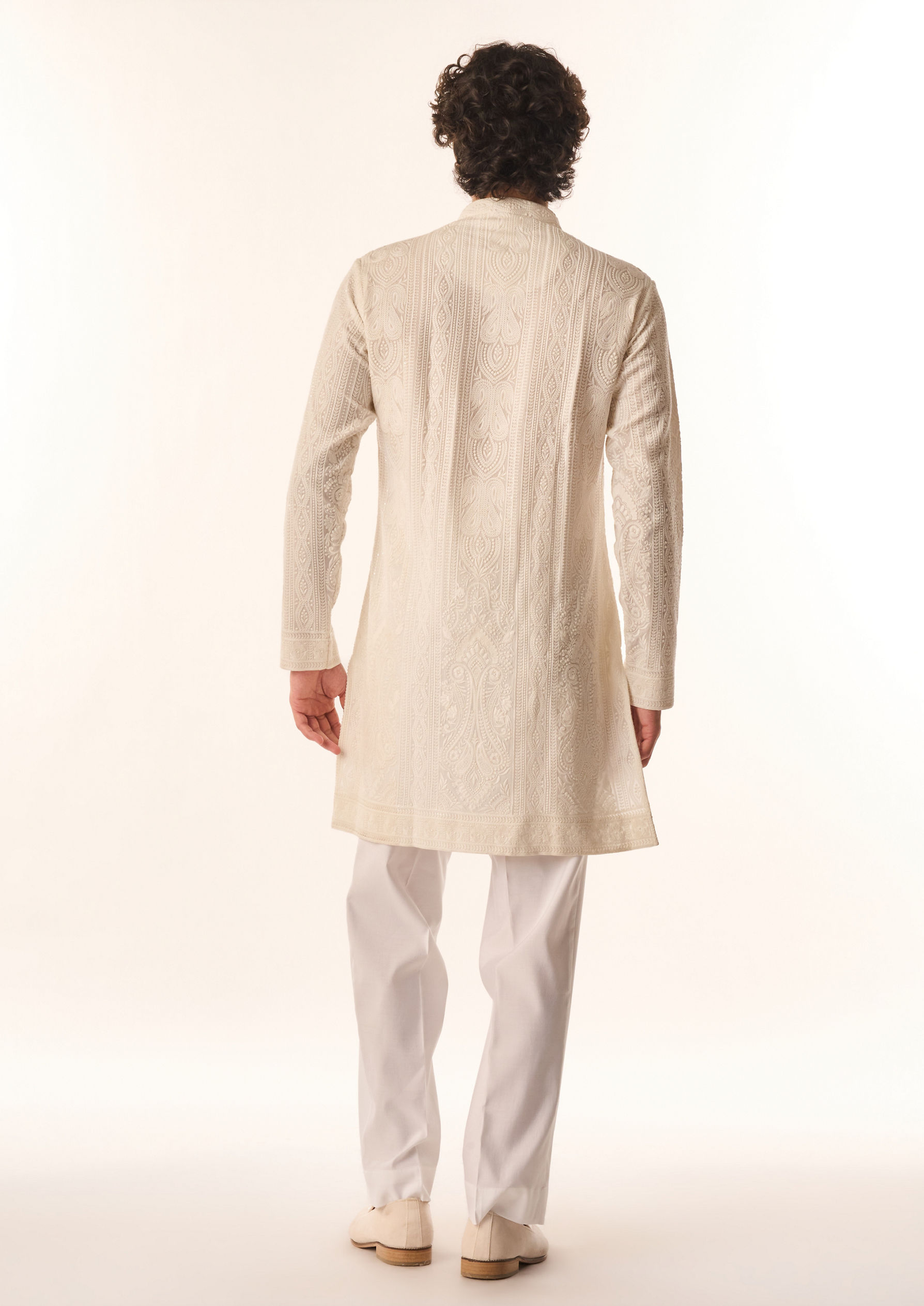 Twamev Men Cream Georgette Kurta Set with Embroidery