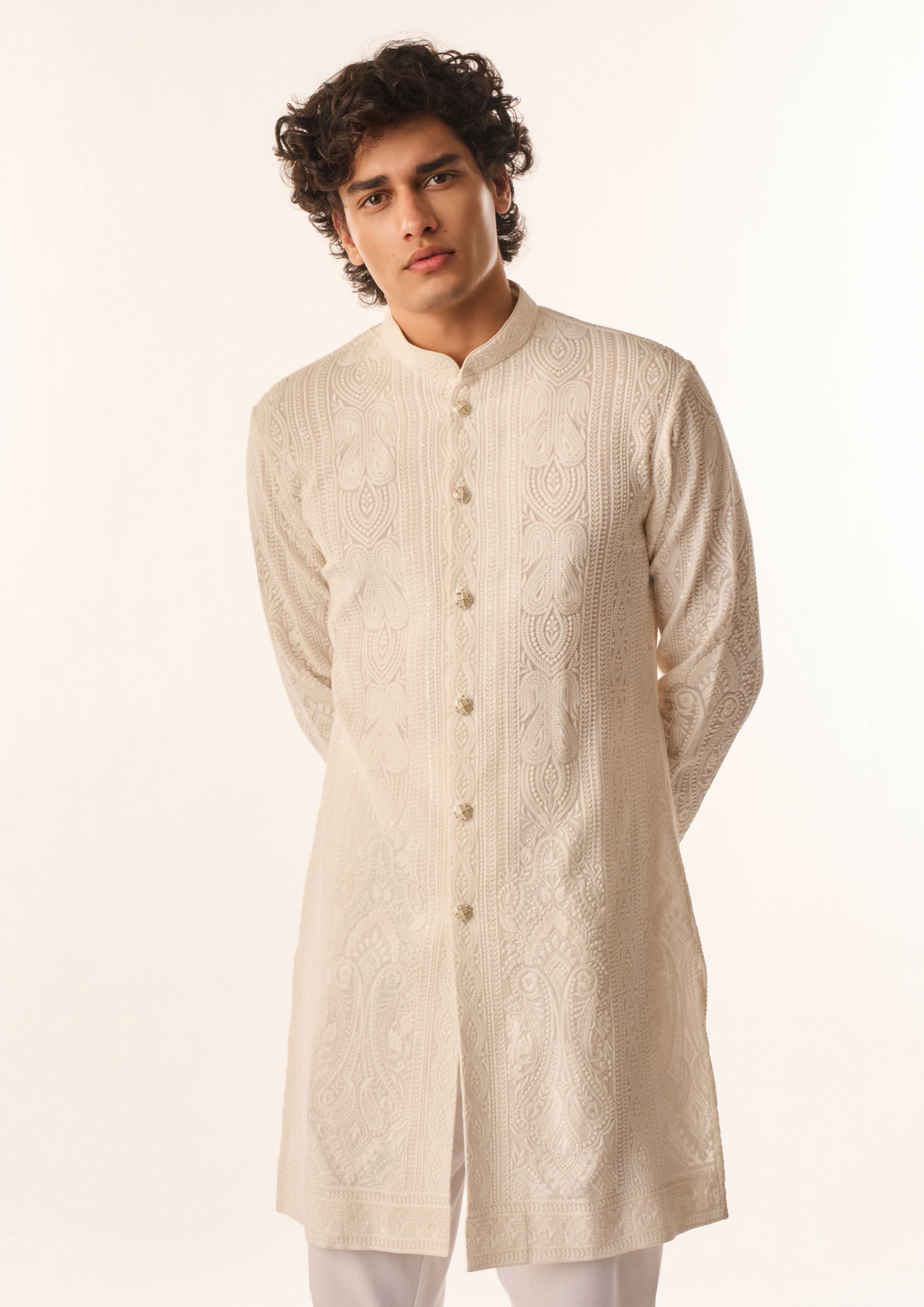 Twamev Men Cream Georgette Kurta Set with Embroidery