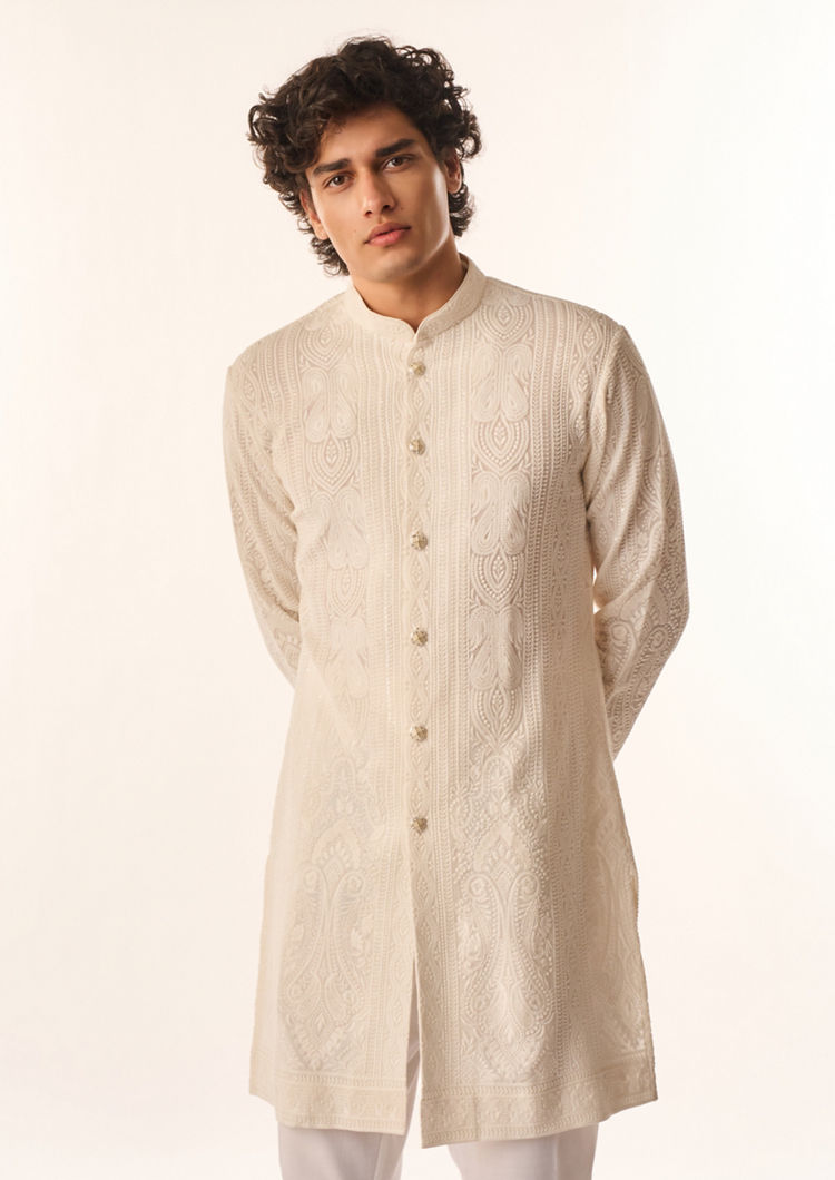 Twamev Men Cream Georgette Kurta Set with Embroidery