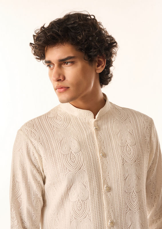 Twamev Men Cream Georgette Kurta Set with Embroidery