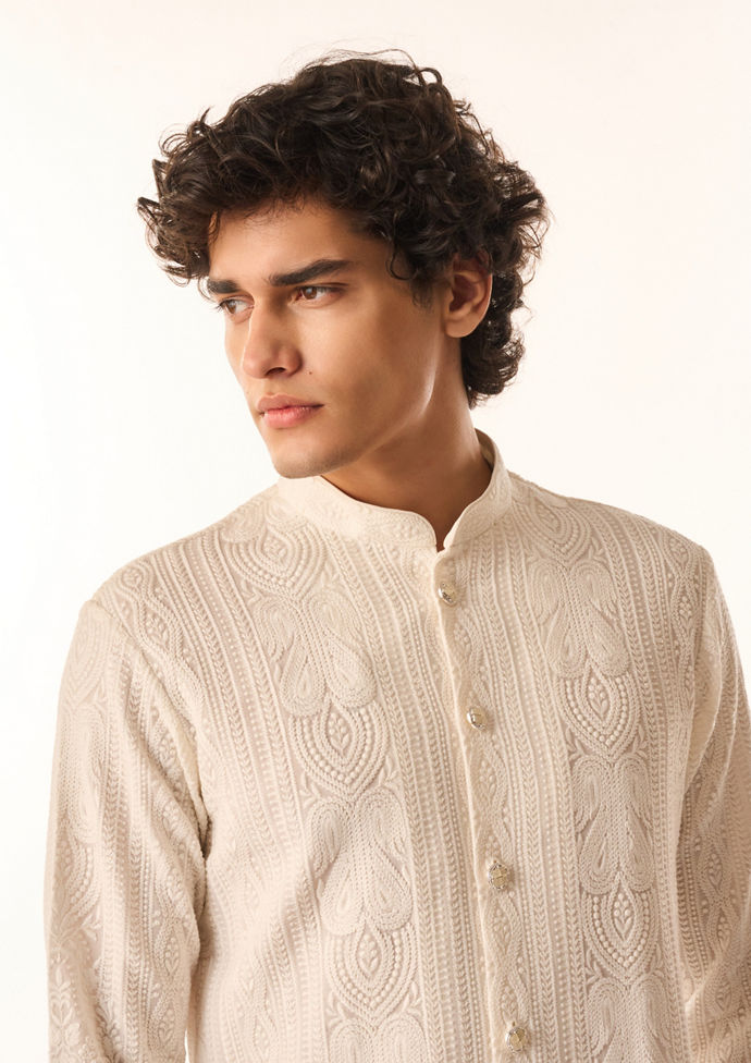 Twamev Men Cream Georgette Kurta Set with Embroidery