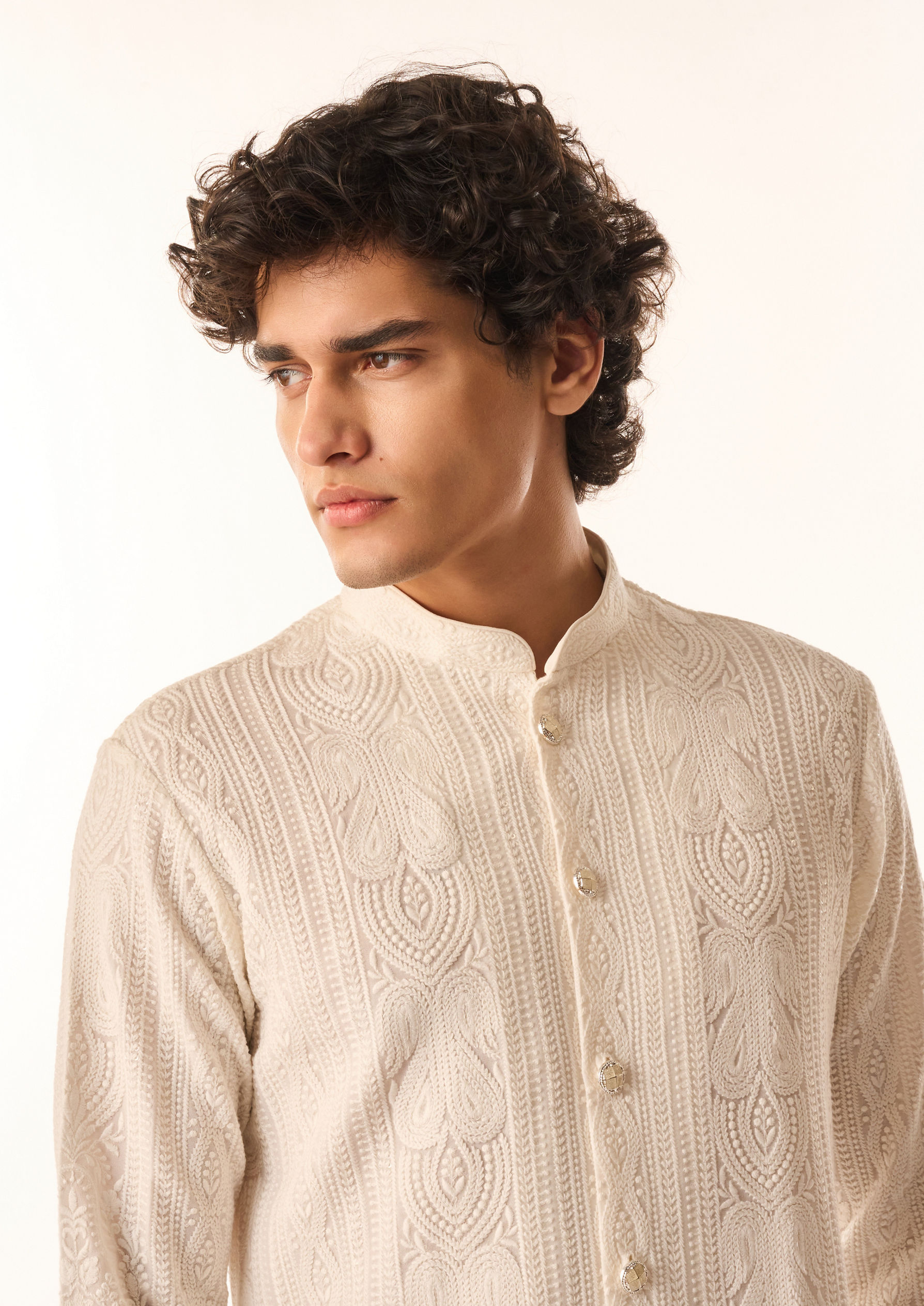 Twamev Men Cream Georgette Kurta Set with Embroidery