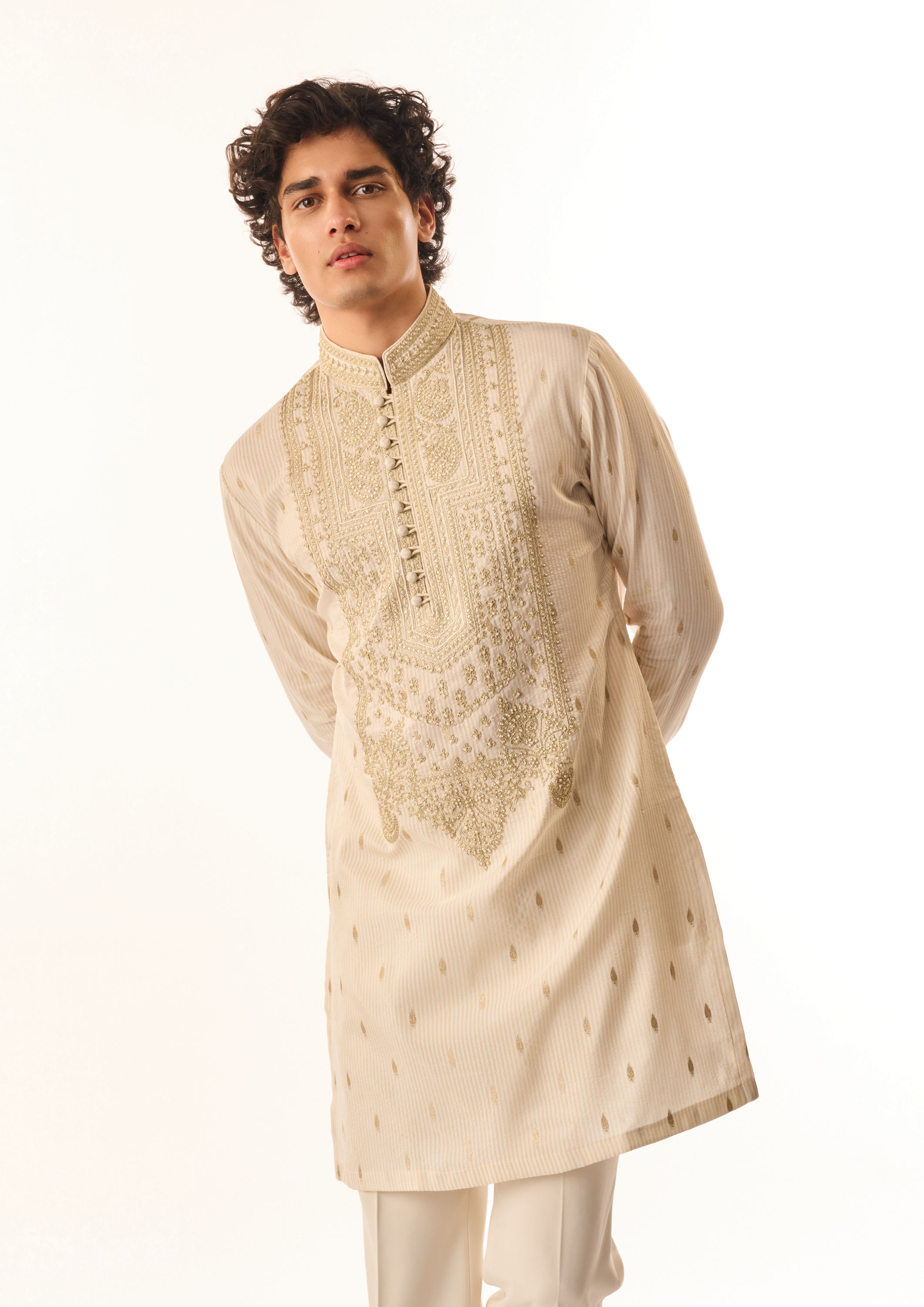 Twamev Men Cream Silk Kurta Set with Embroidery