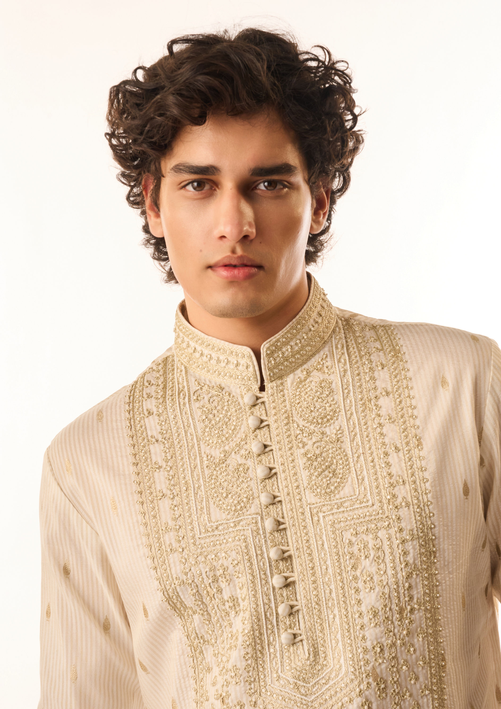 Twamev Men Cream Silk Kurta Set with Embroidery