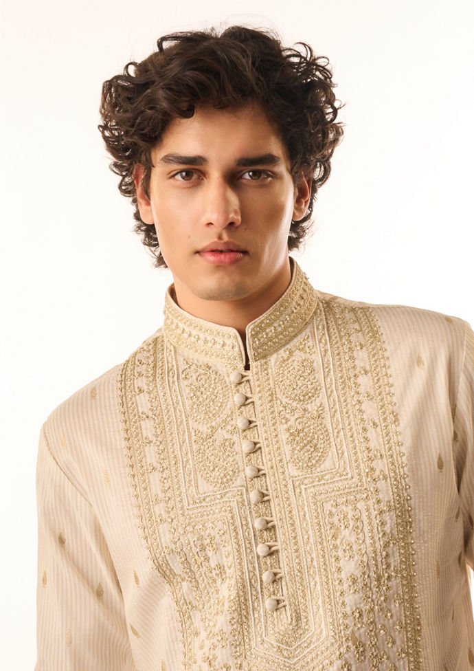 Twamev Men Cream Silk Kurta Set with Embroidery