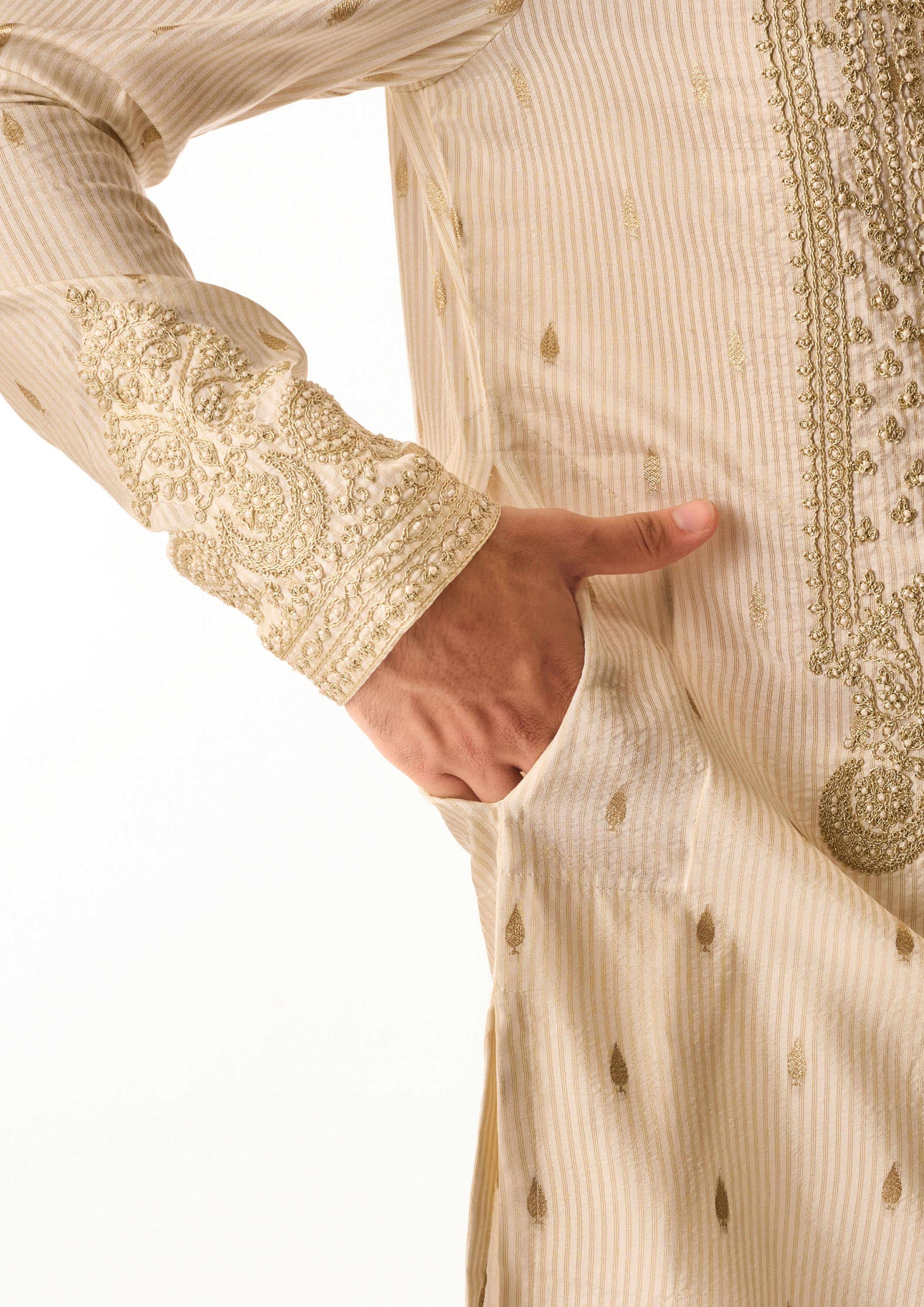 Twamev Men Cream Silk Kurta Set with Embroidery