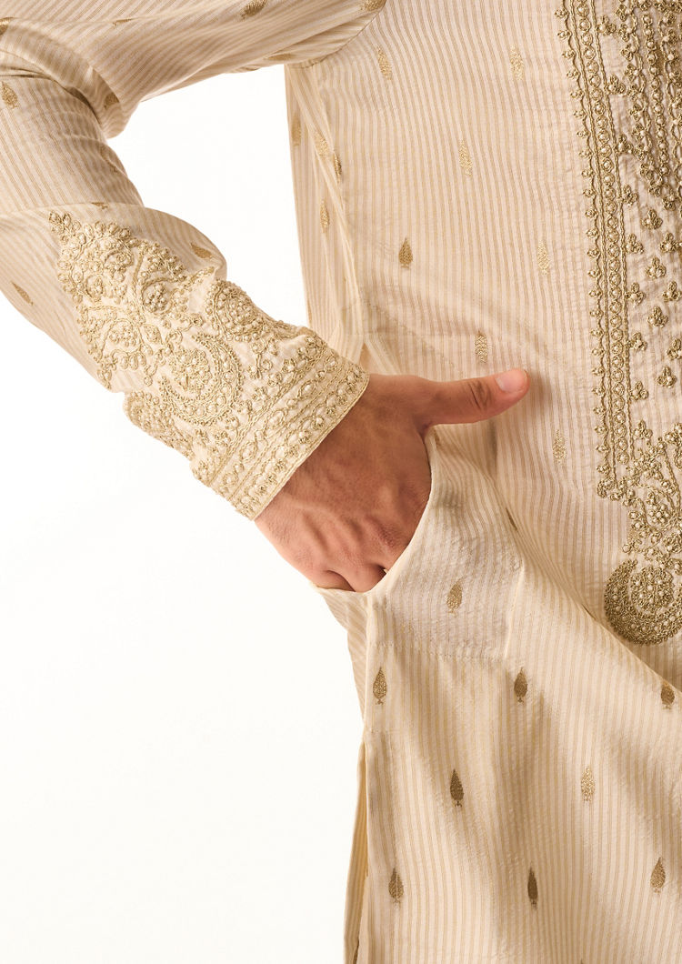 Twamev Men Cream Silk Kurta Set with Embroidery