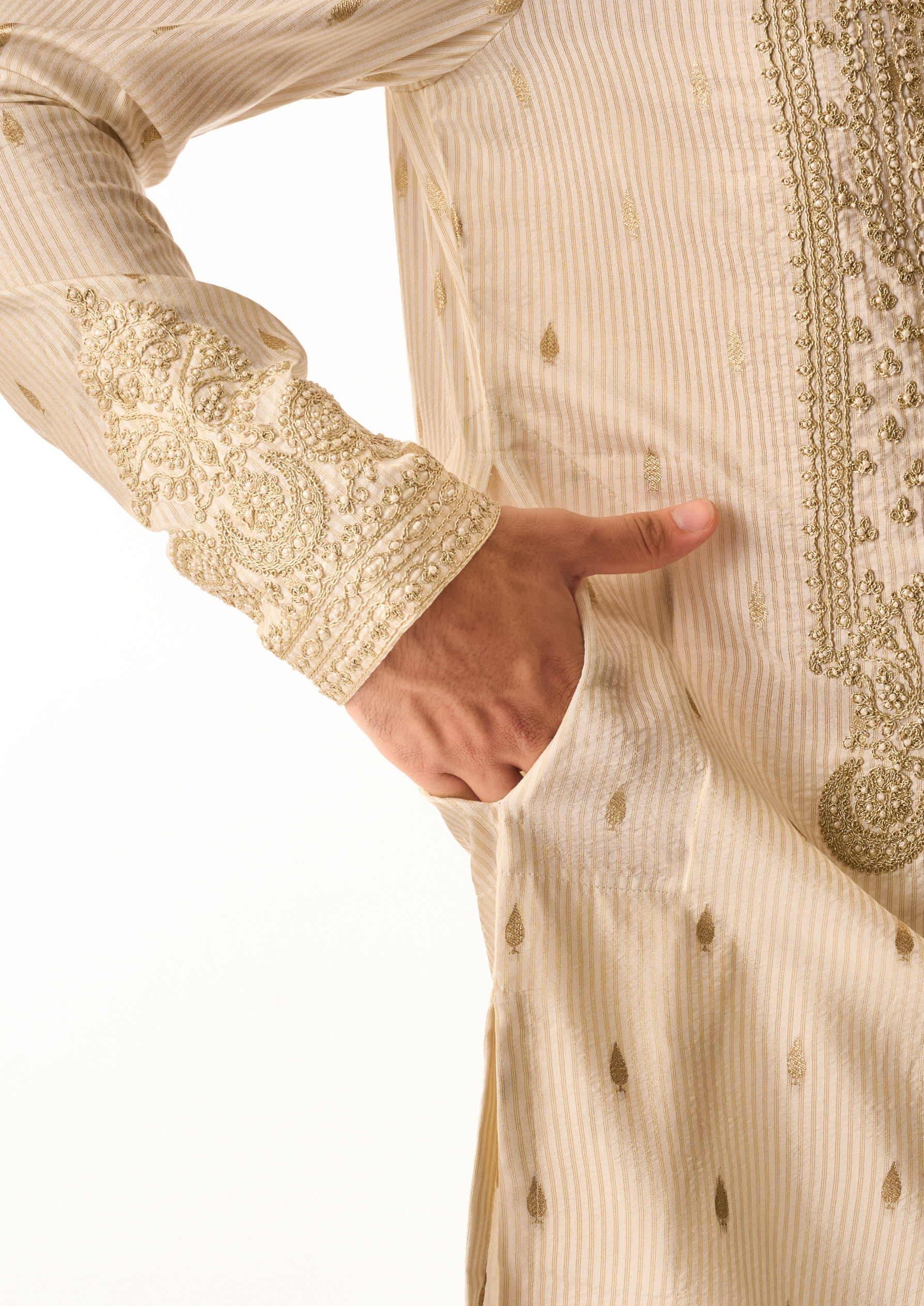 Twamev Men Cream Silk Kurta Set with Embroidery