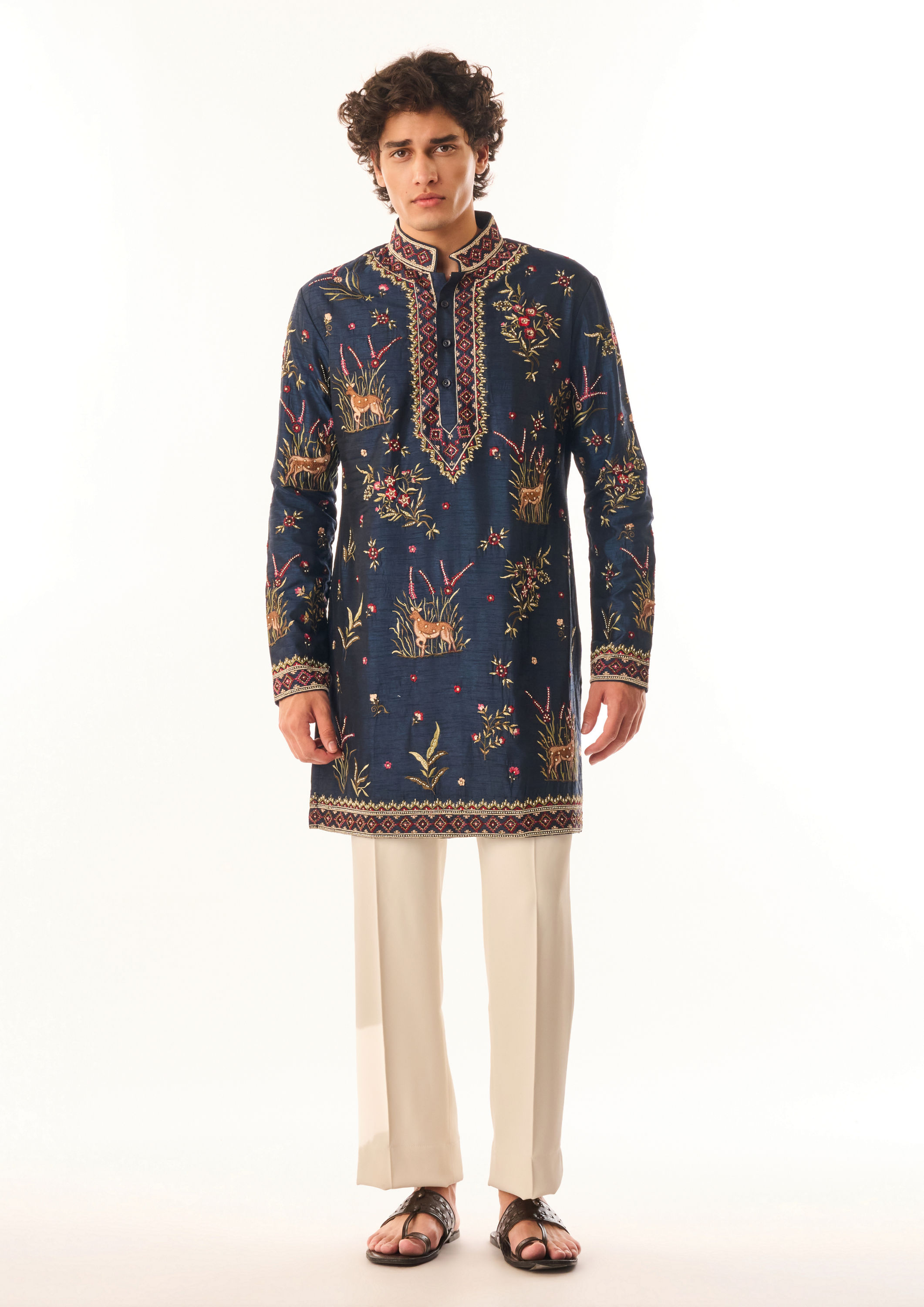 Twamev Men Dark Blue Silk Kurta Set with Embroidery