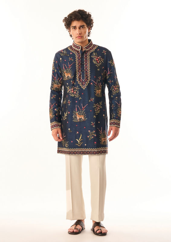 Twamev Men Dark Blue Silk Kurta Set with Embroidery