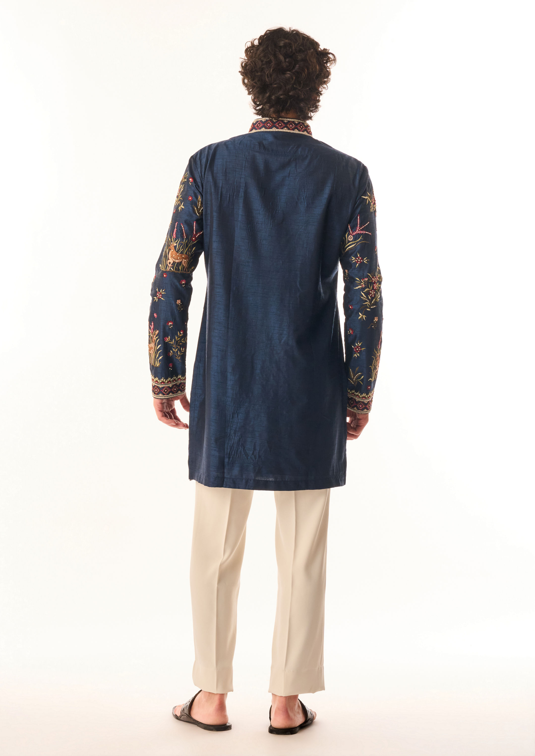 Twamev Men Dark Blue Silk Kurta Set with Embroidery