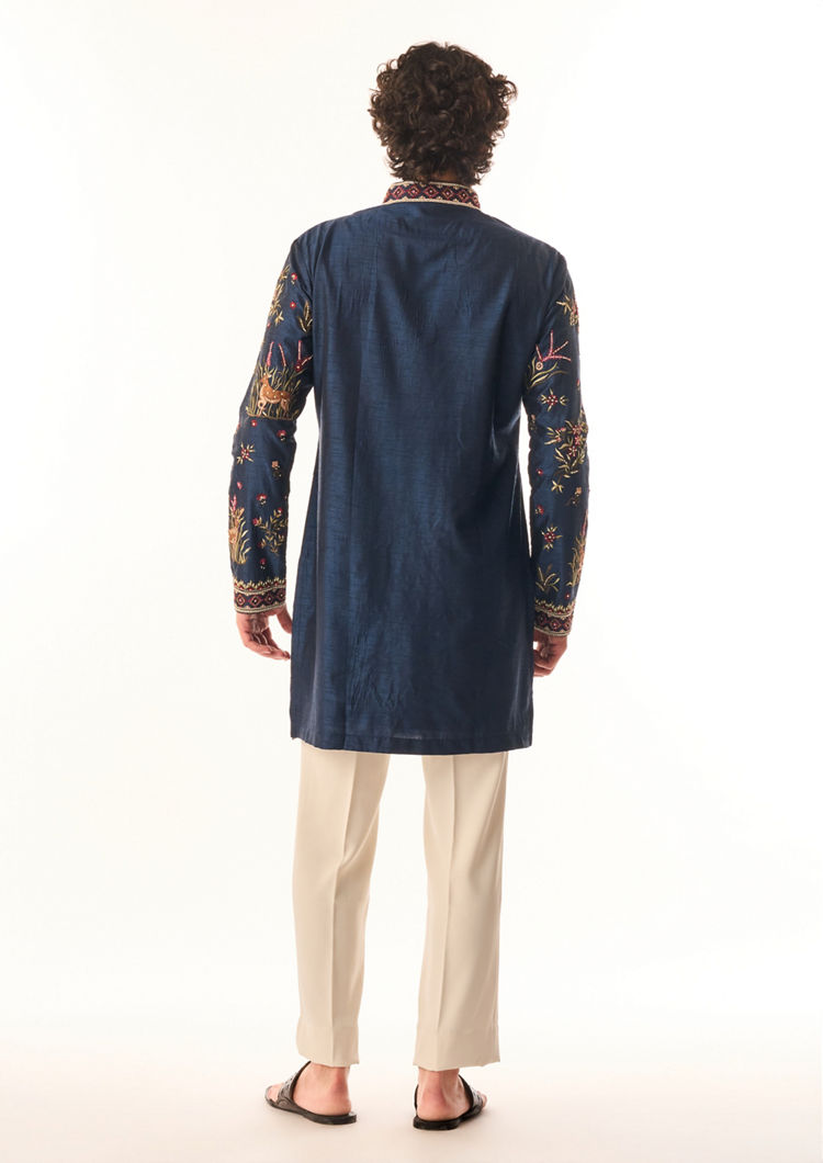 Twamev Men Dark Blue Silk Kurta Set with Embroidery