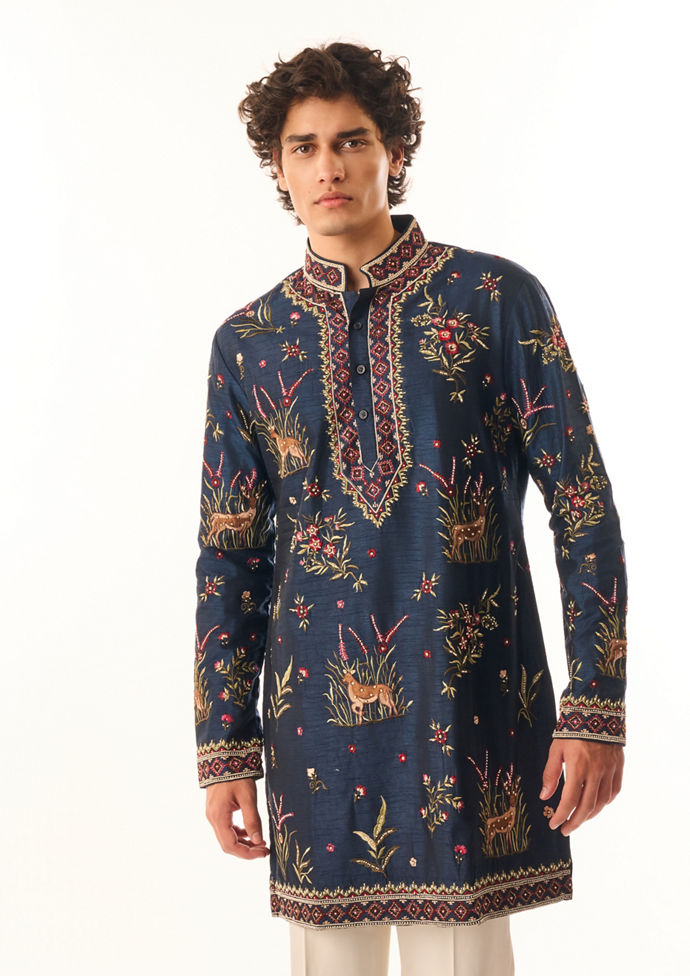 Twamev Men Dark Blue Silk Kurta Set with Embroidery