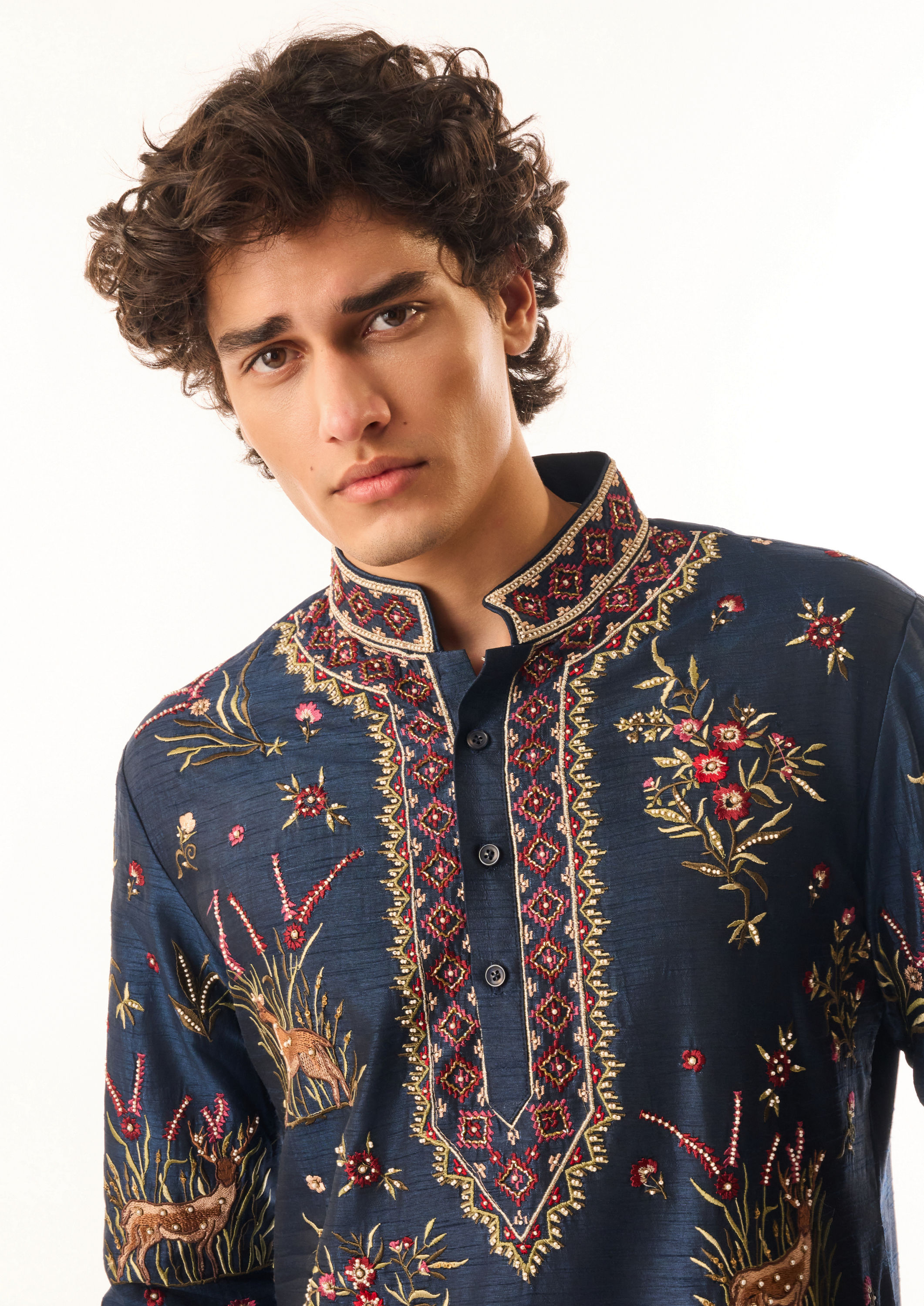 Twamev Men Dark Blue Silk Kurta Set with Embroidery