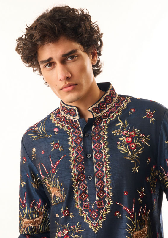 Twamev Men Dark Blue Silk Kurta Set with Embroidery