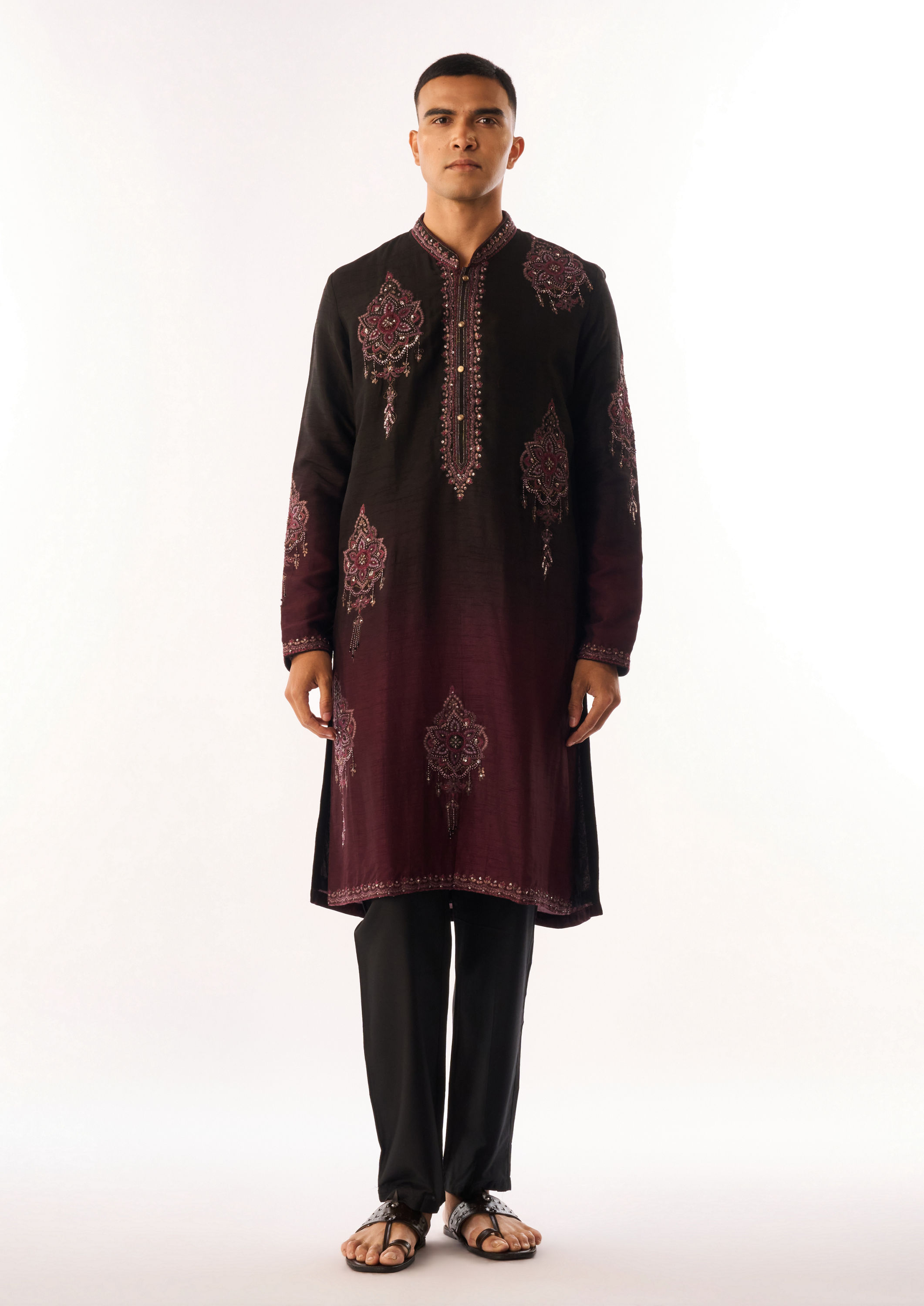 Twamev Men Wine Silk Kurta Set with Embroidery