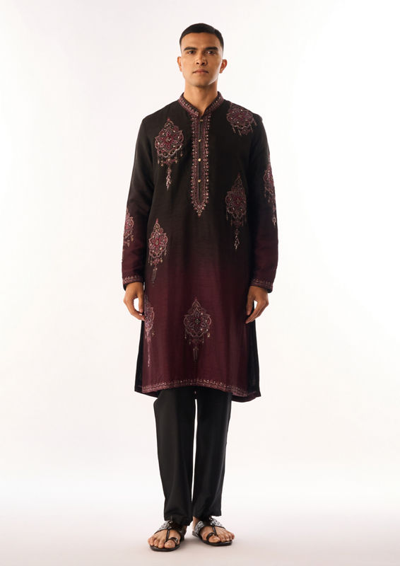 Twamev Men Wine Silk Kurta Set with Embroidery