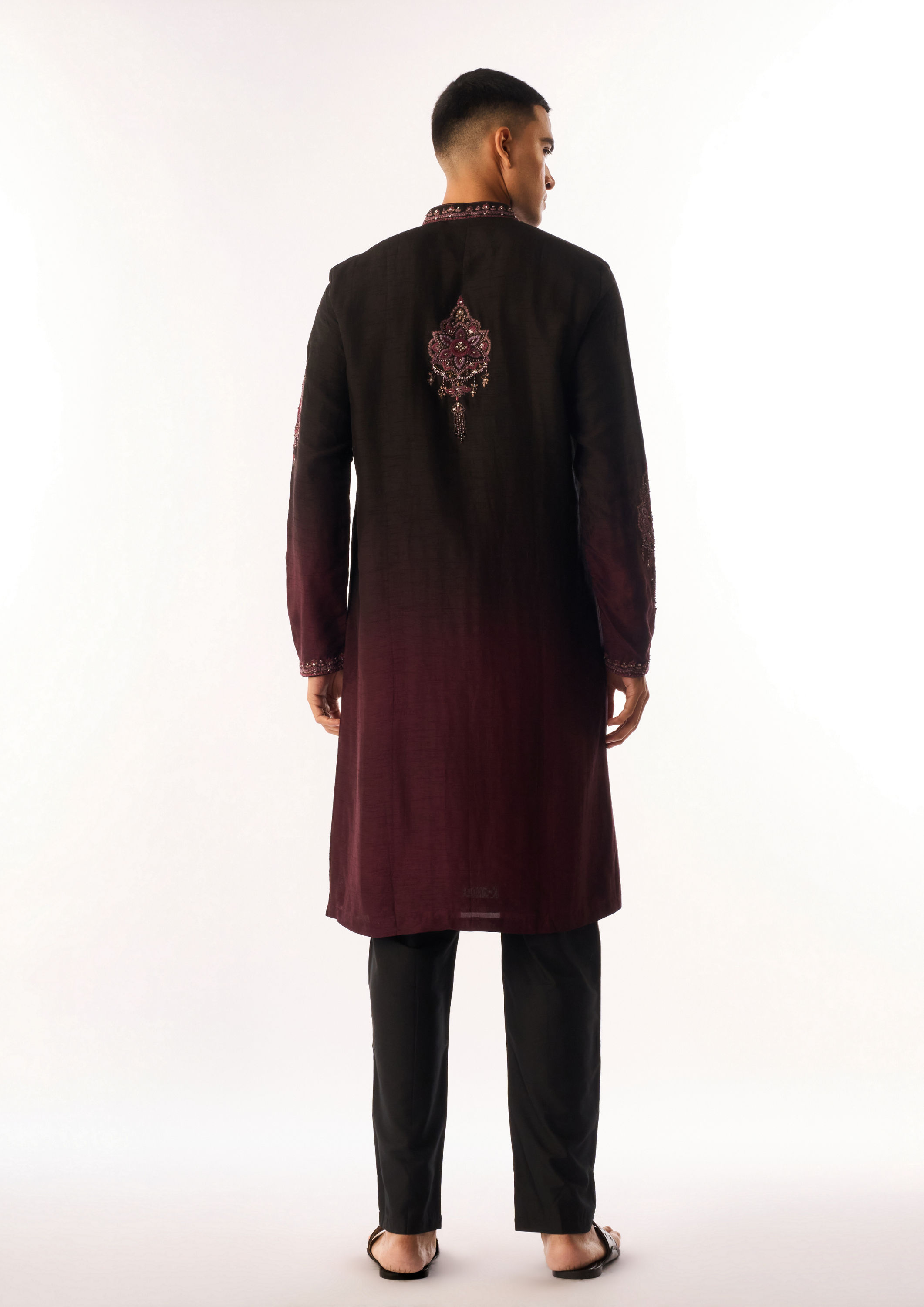 Twamev Men Wine Silk Kurta Set with Embroidery