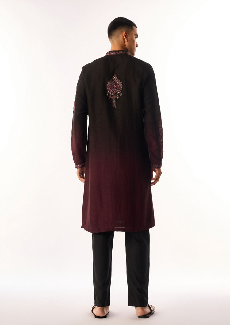 Twamev Men Wine Silk Kurta Set with Embroidery