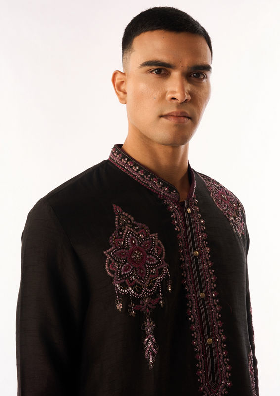 Twamev Men Wine Silk Kurta Set with Embroidery