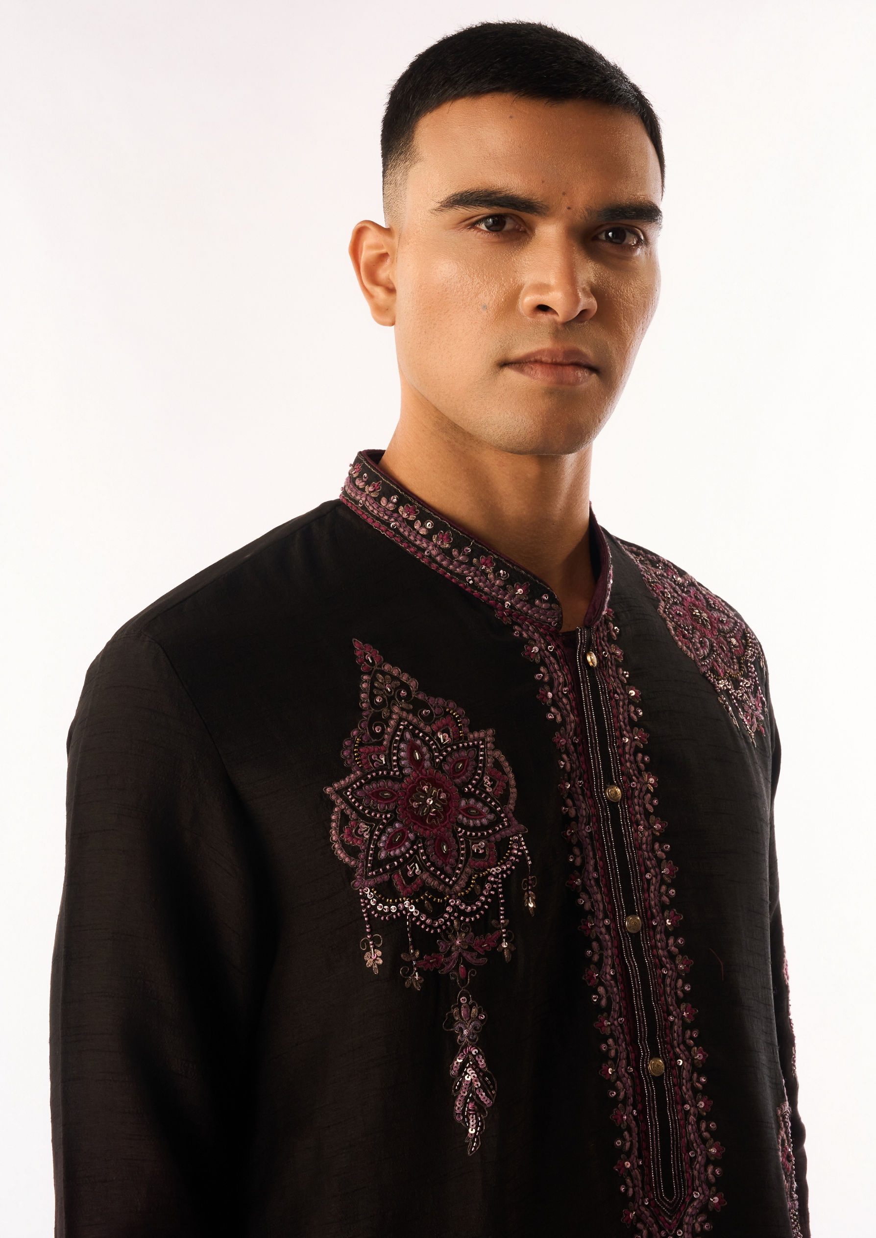 Twamev Men Wine Silk Kurta Set with Embroidery