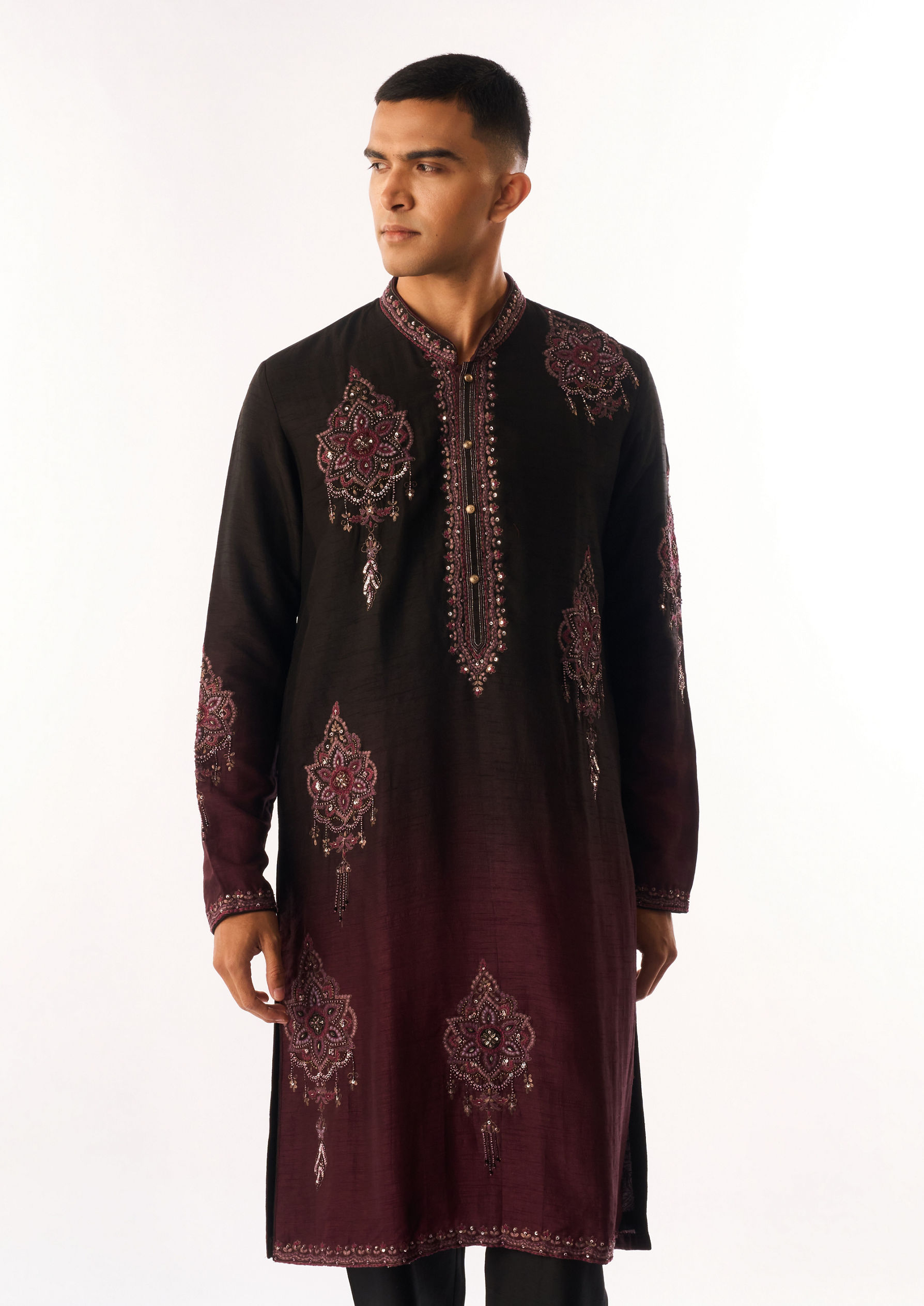 Twamev Men Wine Silk Kurta Set with Embroidery