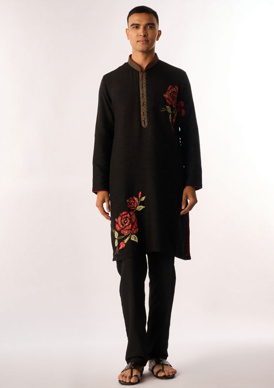 Twamev Men Black Silk Kurta Set with Floral Embroidery