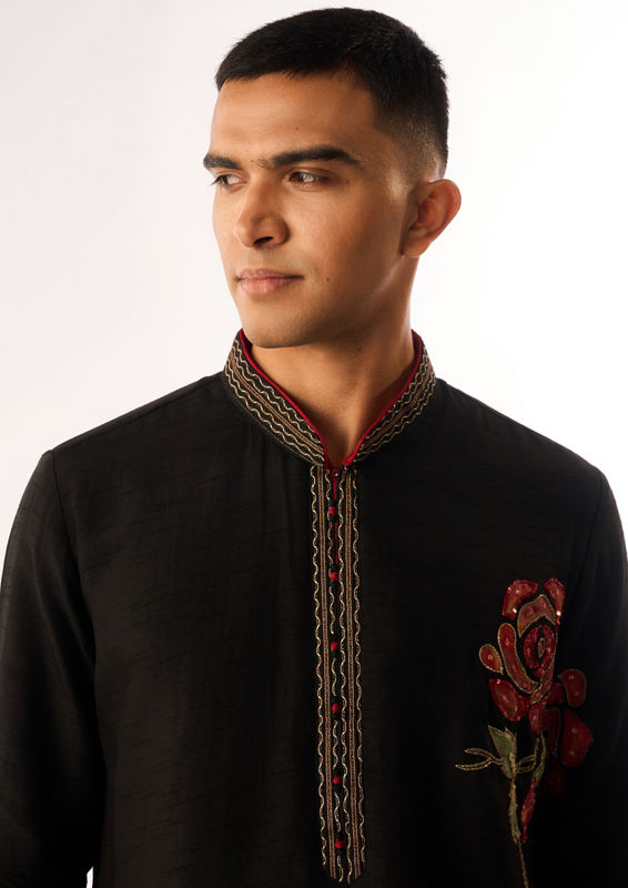Twamev Men Black Silk Kurta Set with Floral Embroidery