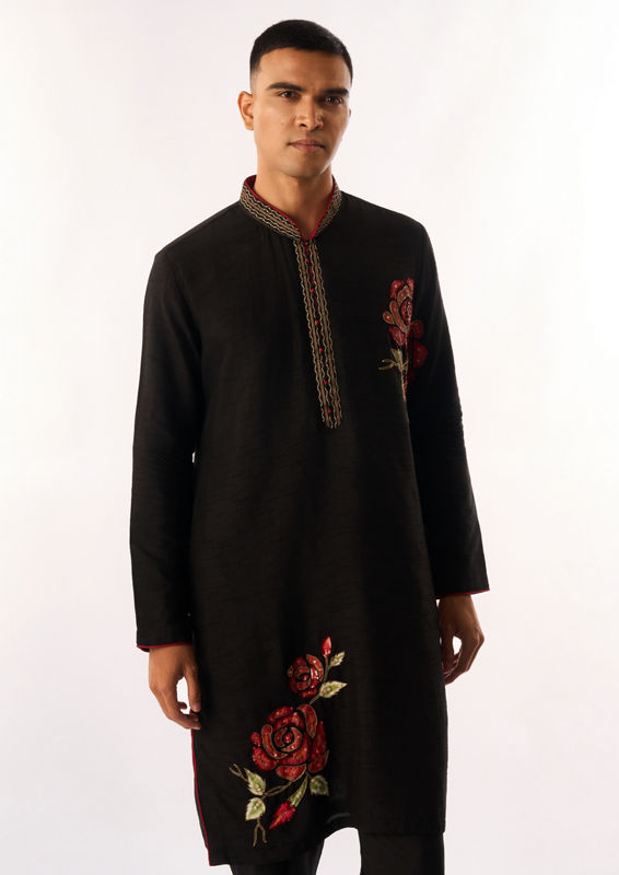 Twamev Men Black Silk Kurta Set with Floral Embroidery