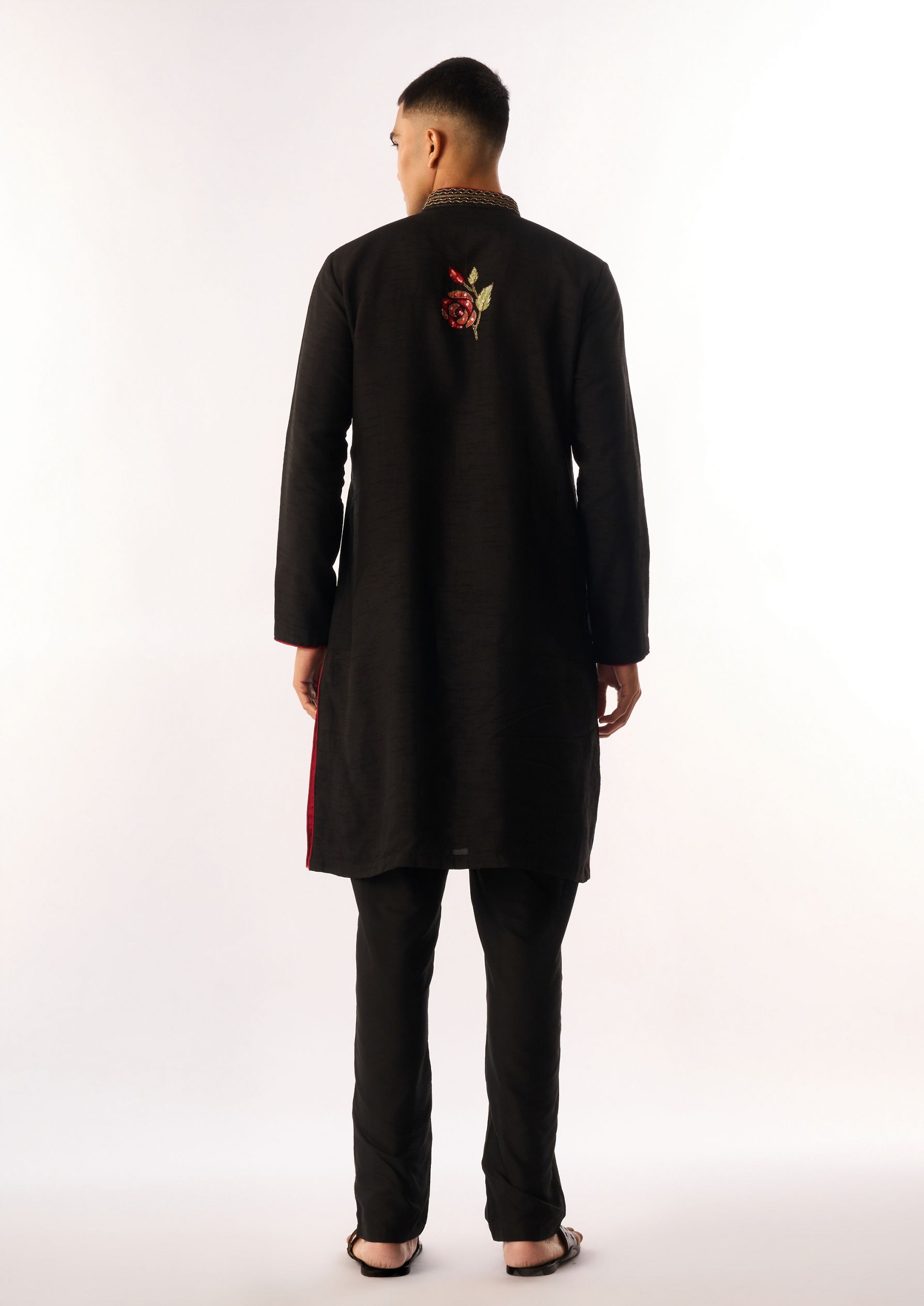 Twamev Men Black Silk Kurta Set with Floral Embroidery