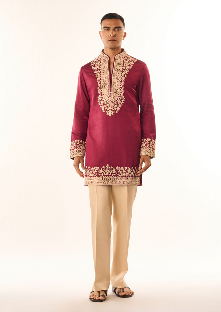 Twamev Men Pink Satin Kurta Set with Embroidery