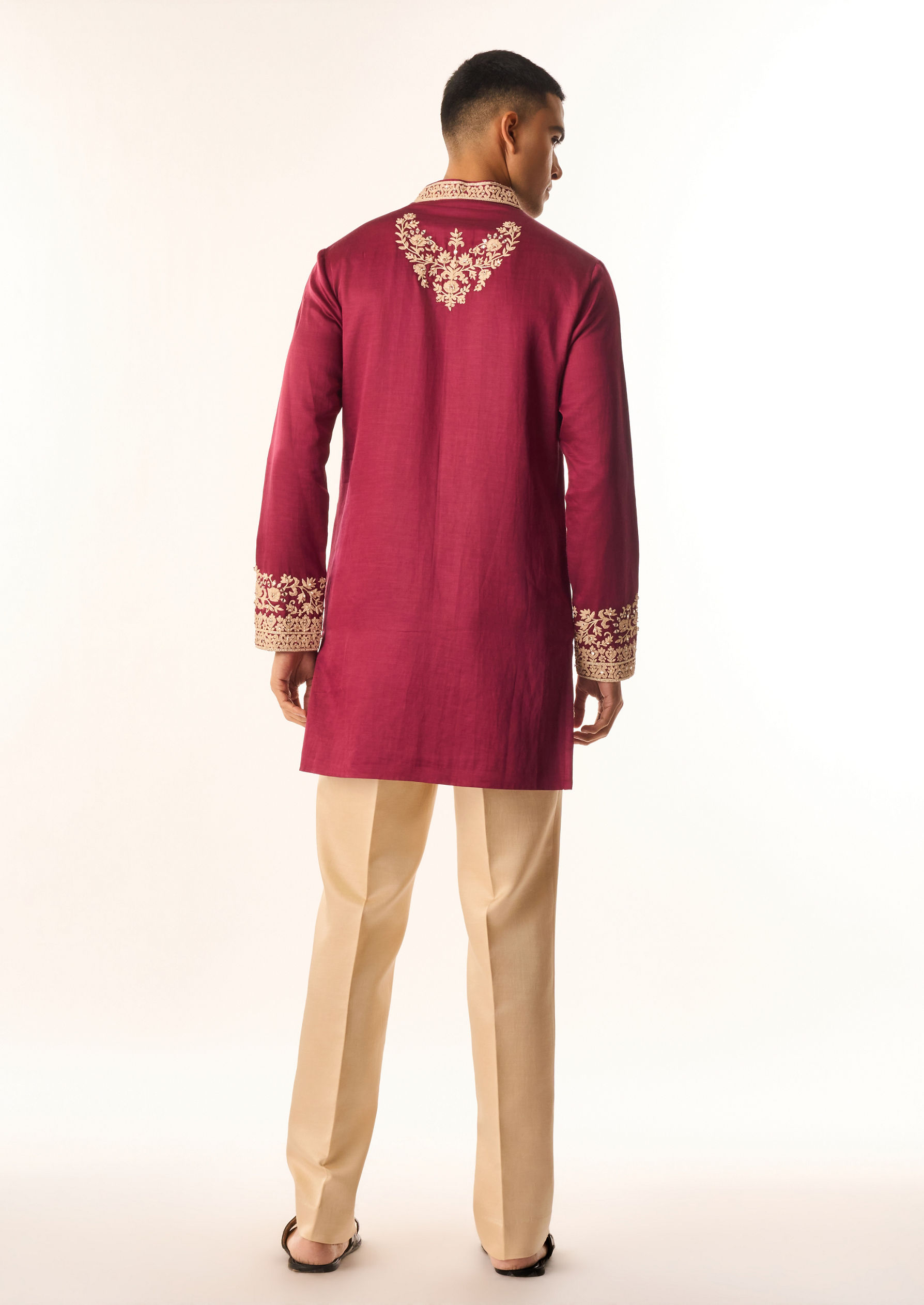 Twamev Men Pink Satin Kurta Set with Embroidery