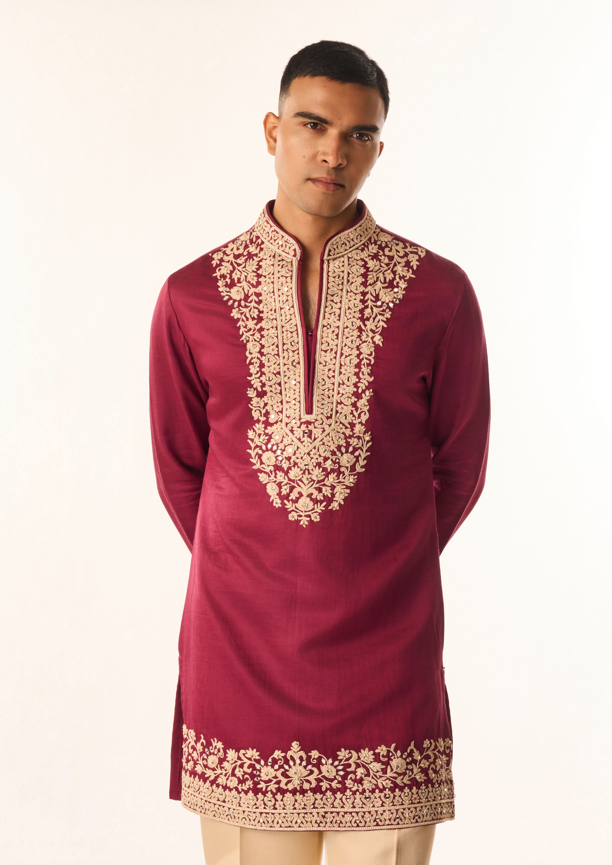 Twamev Men Pink Satin Kurta Set with Embroidery