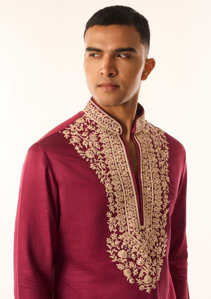 Twamev Men Pink Satin Kurta Set with Embroidery