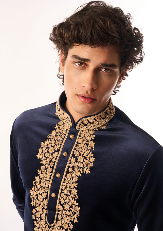 Twamev Men Dark Blue Velvet Kurta Set with Embroidery