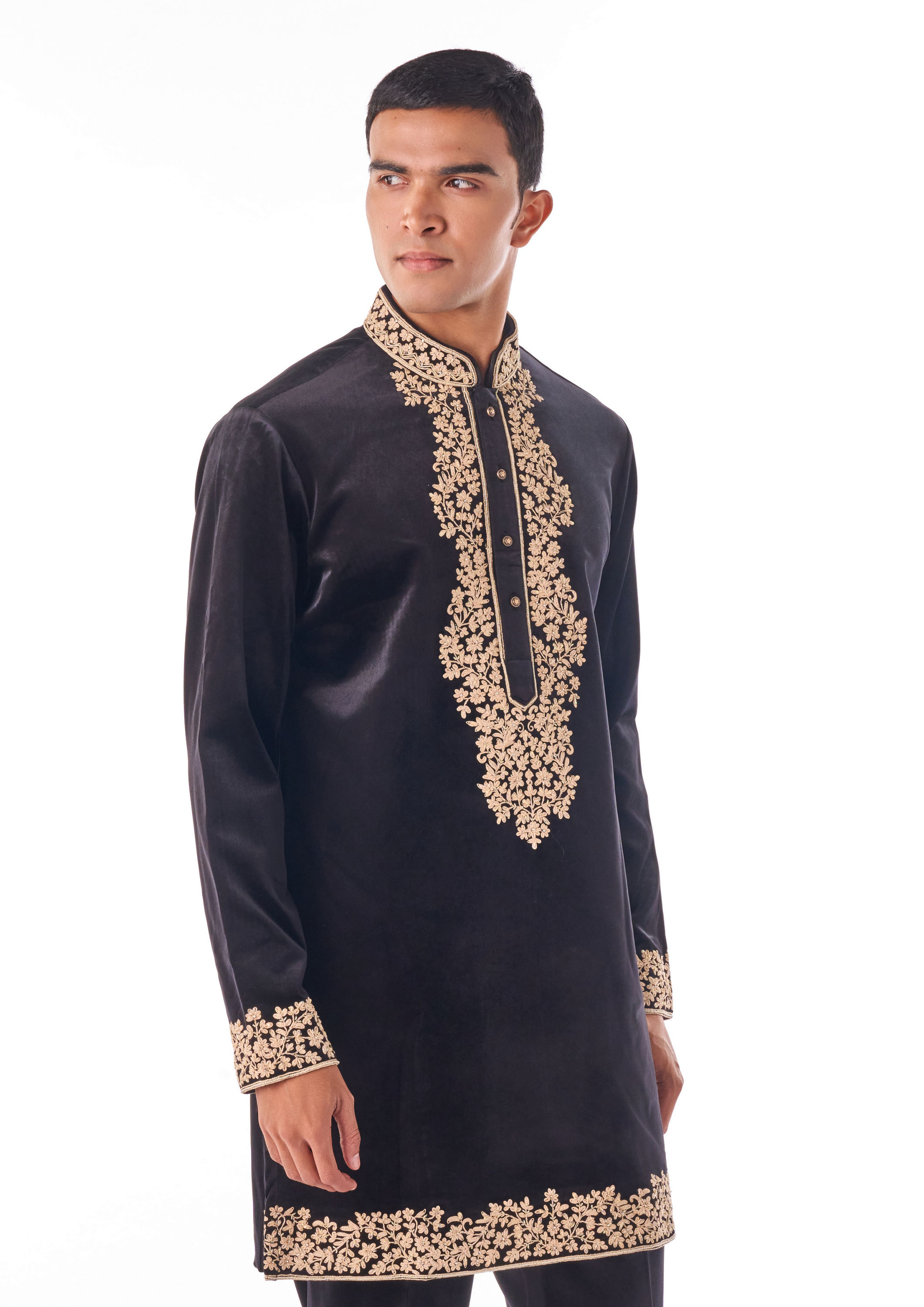Twamev Men Black Thread Work Long Kurta Set