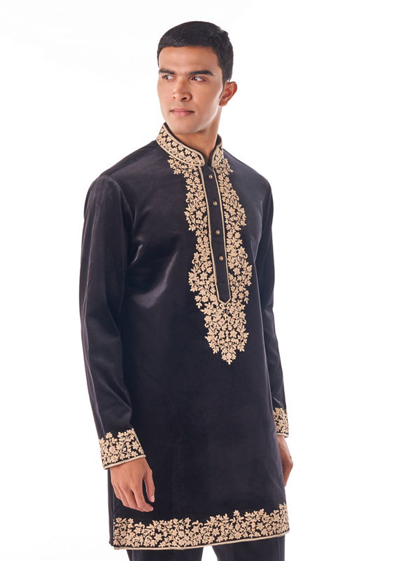 Twamev Men Black Thread Work Long Kurta Set