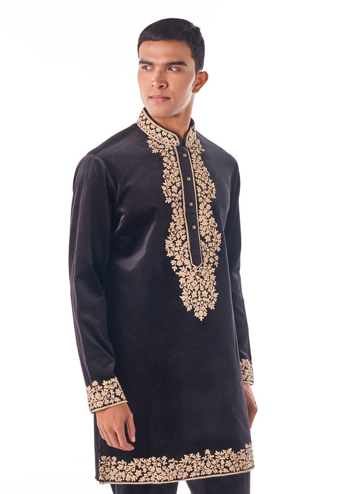 Twamev Men Black Thread Work Long Kurta Set