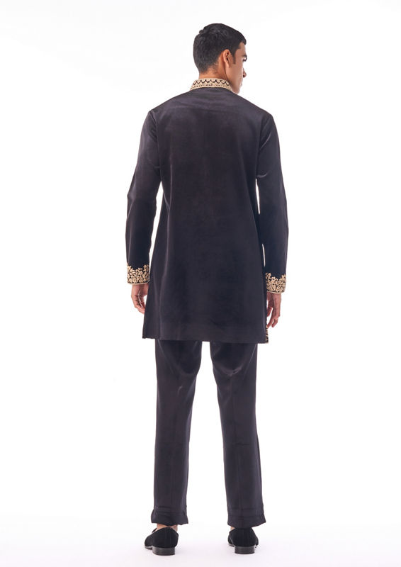 Twamev Men Black Thread Work Long Kurta Set