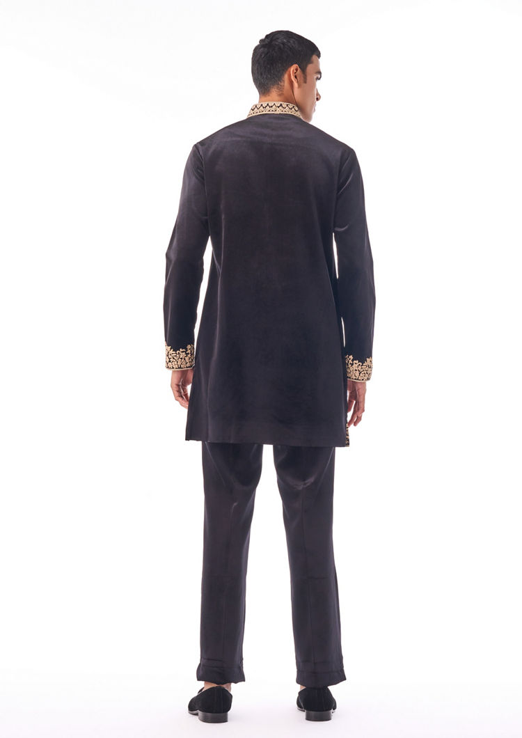 Twamev Men Black Thread Work Long Kurta Set