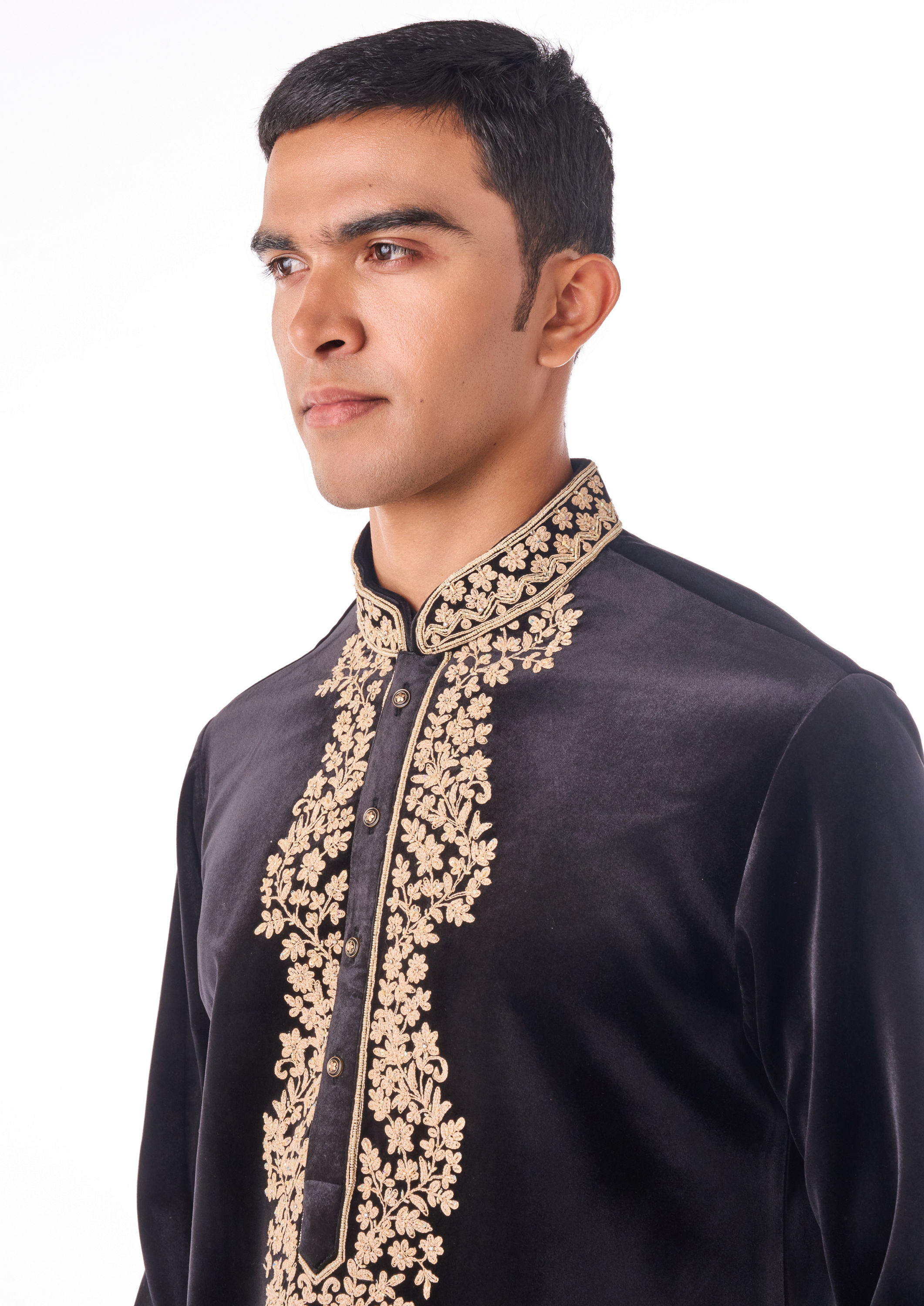 Twamev Men Black Thread Work Long Kurta Set