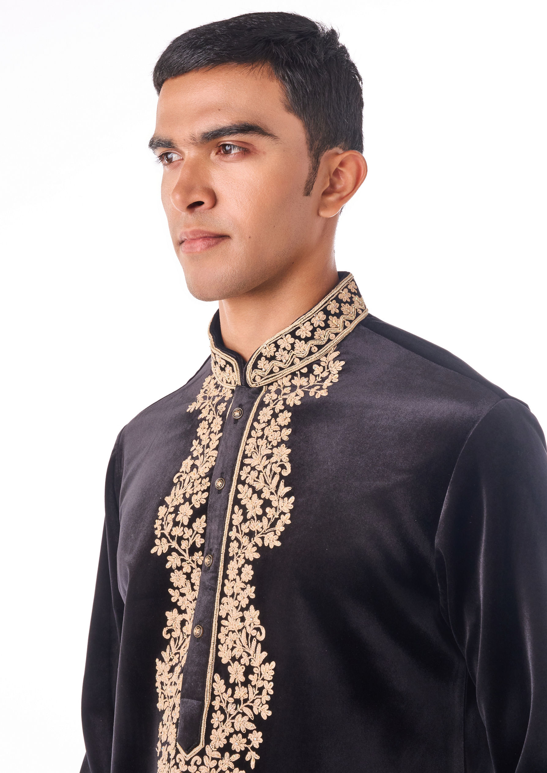 Twamev Men Black Thread Work Long Kurta Set