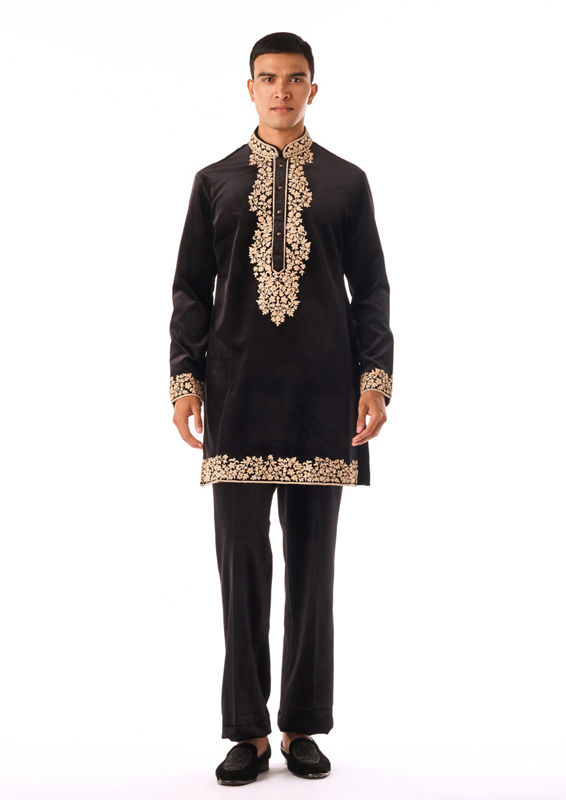 Twamev Men Black Thread Work Long Kurta Set