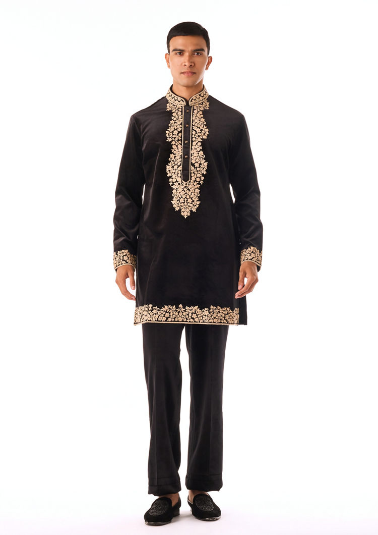 Twamev Men Black Thread Work Long Kurta Set