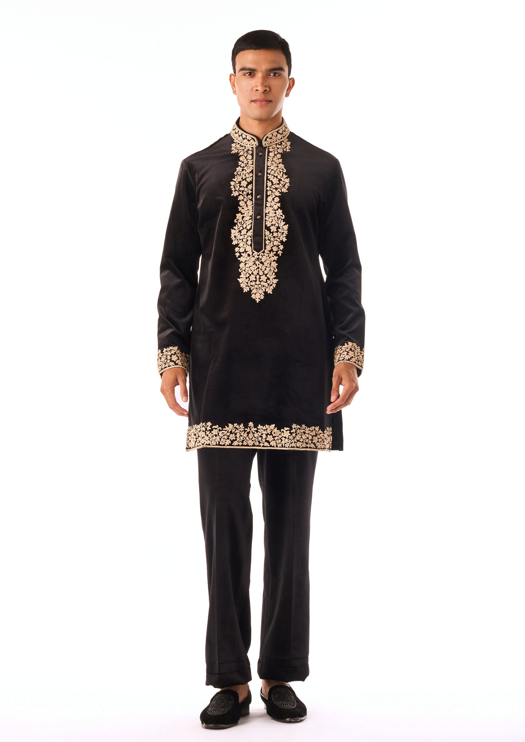 Twamev Men Black Thread Work Long Kurta Set