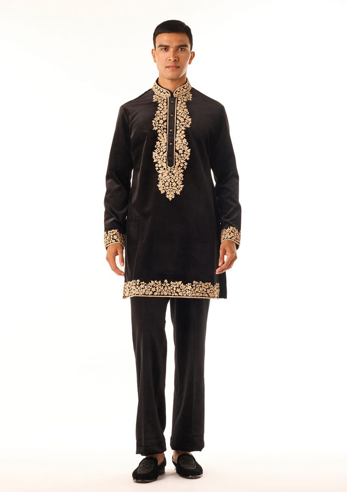 Twamev Men Black Thread Work Long Kurta Set