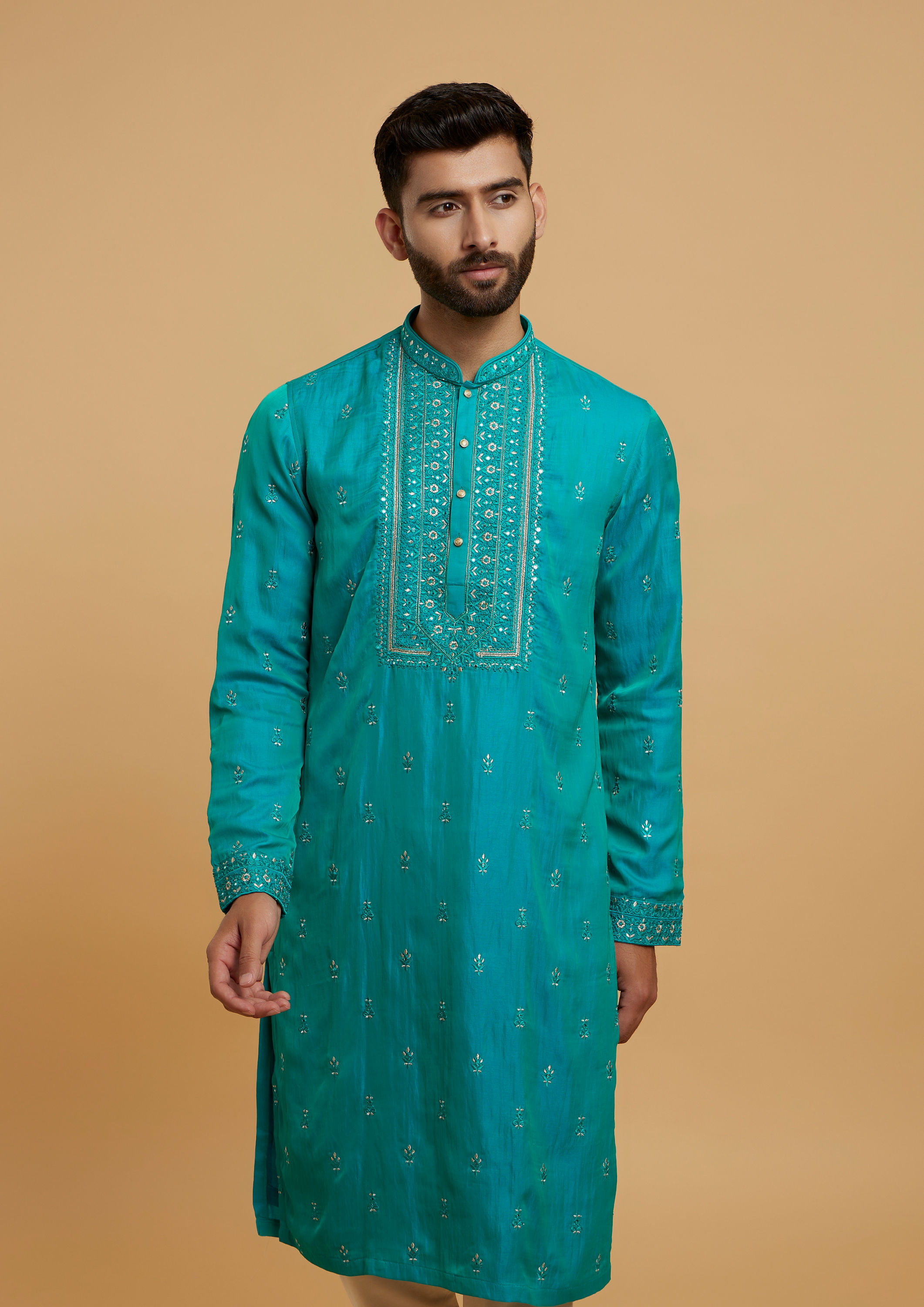 Twamev Men Turquoise Blue Satin Kurta Pajama