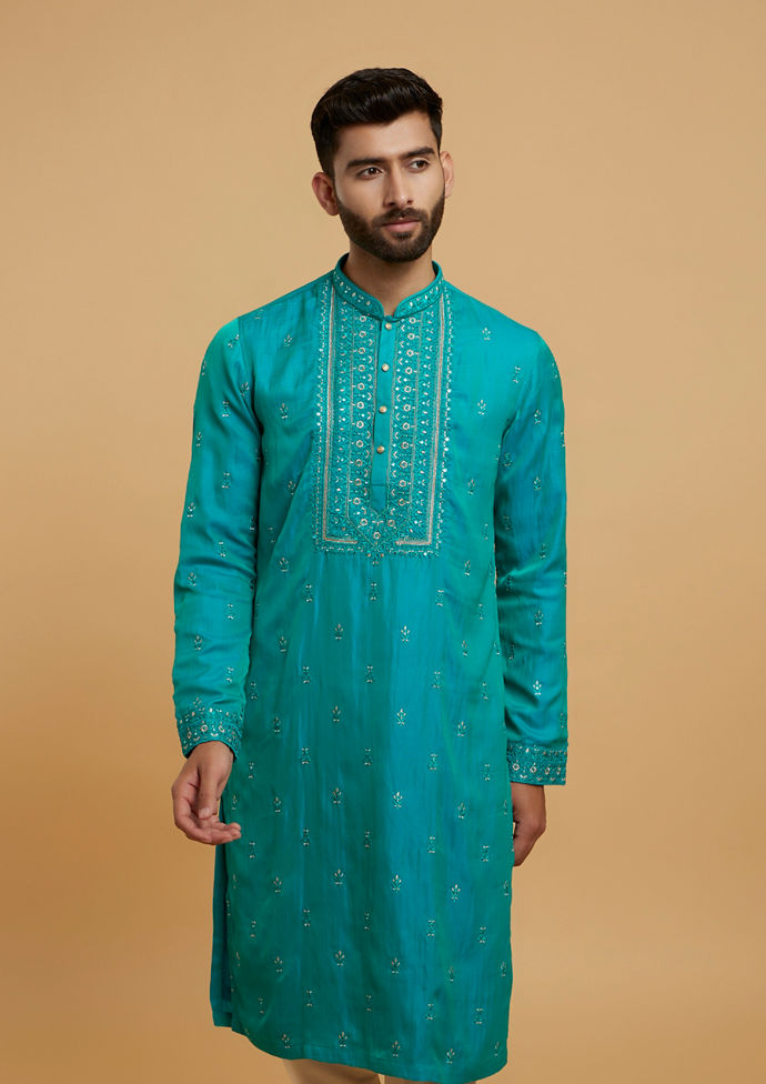 Twamev Men Turquoise Blue Satin Kurta Pajama