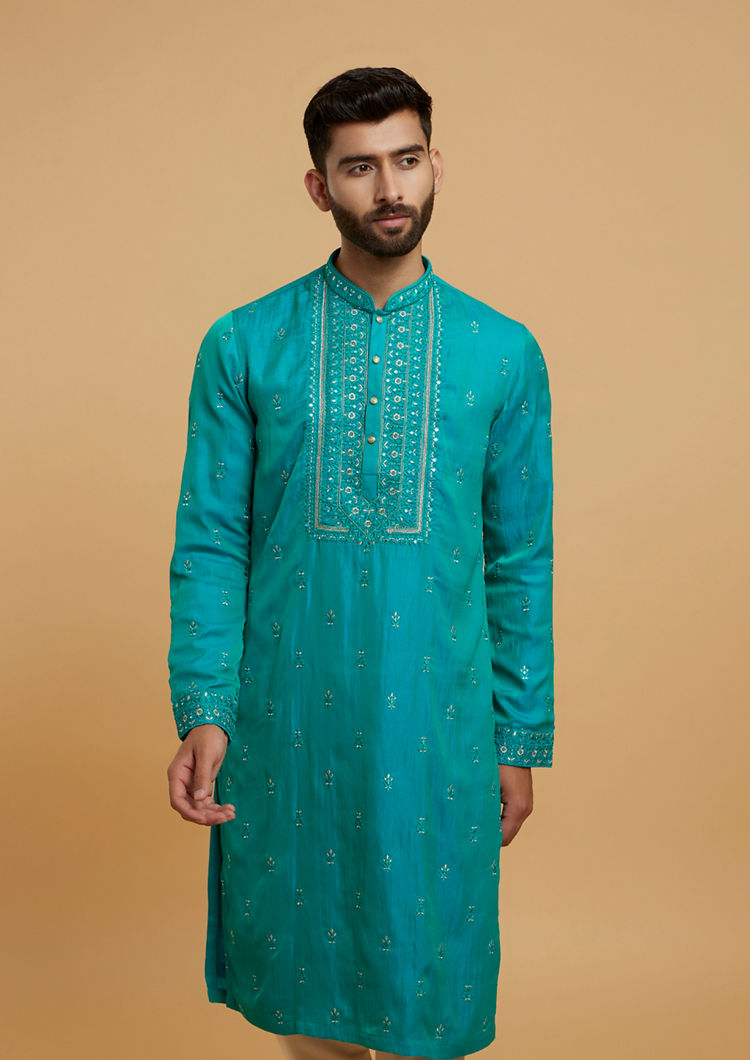 Twamev Men Turquoise Blue Satin Kurta Pajama