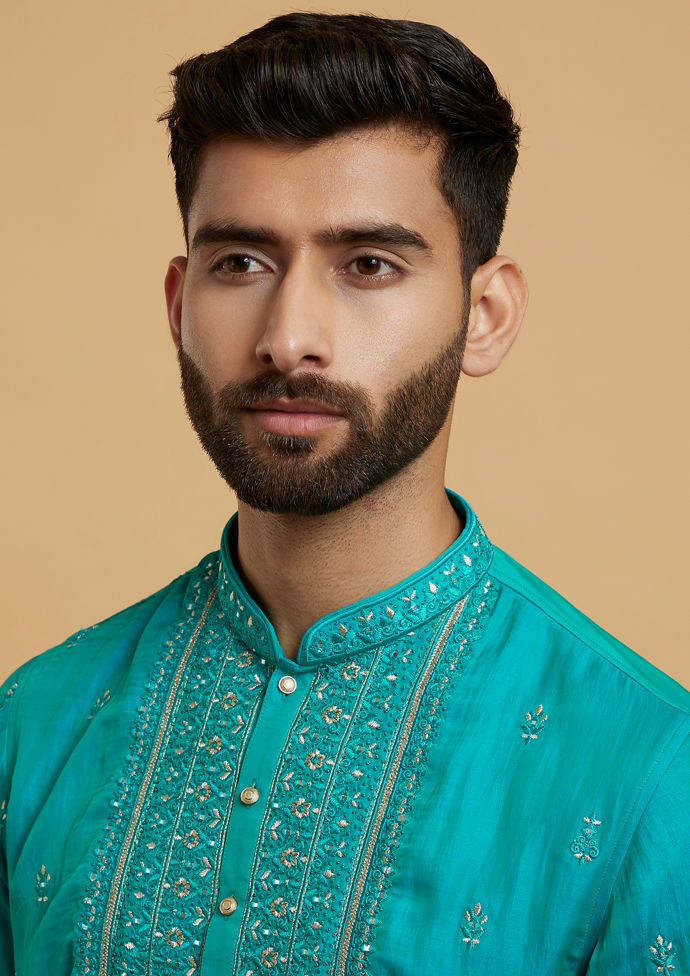 Twamev Men Turquoise Blue Satin Kurta Pajama